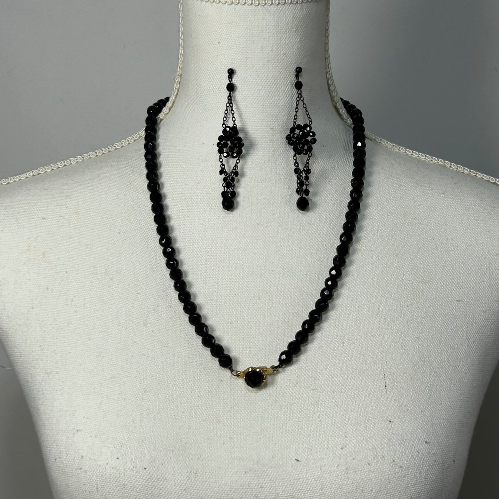 Black Beaded Necklace‎ & Dangle Earrings Set Evening Formal Jewelry